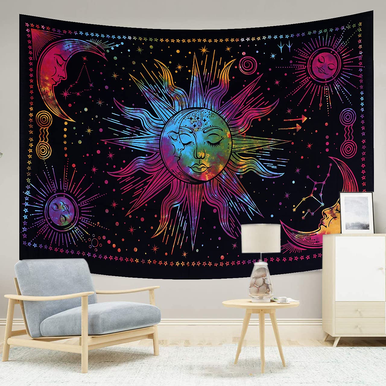THE ART BOX Sun and Moon Constellation Astrology Small Tapestry Colorful - 75x100 cm Decorative Tie Dye Psychedelic Home Wall Hanging Trippy Mystic Tapestry For Aesthetic Bedroom