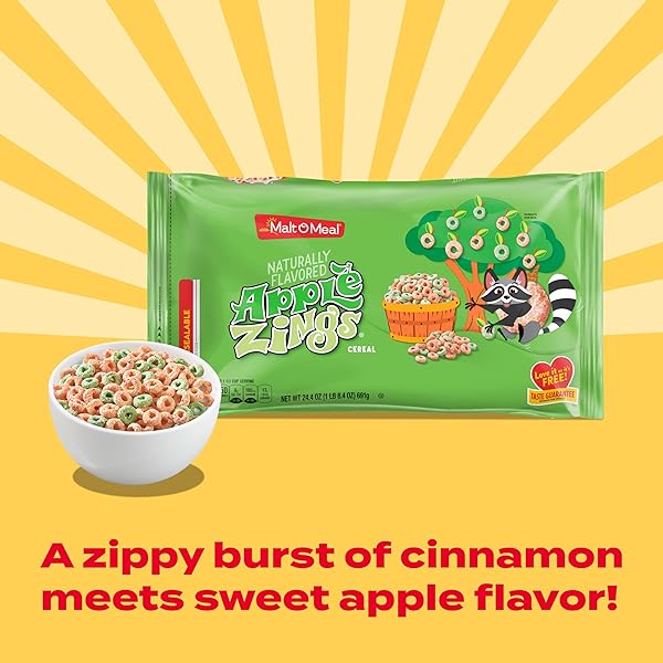 MALT-O-MEAL APPLE ZINGS BREAKFAST CEREAL, CINNAMON APPLE-FLAVORED RINGS, LARGE FAMILY SIZE, 24.4 OZ RESEALABLE BAG