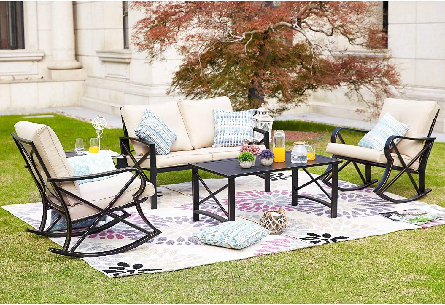 LOKATSE HOME 5 Pieces Patio Conversation Set Outdoor Metal Furniture Padded Deep Seating with Loveseat, 2 Rocking Chairs and 2 Coffee Table, Khaki : Garden & Outdoor