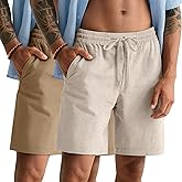 Ficerd 2 Pack Men's Linen Shorts, Elastic Waist Beach Pants with Drawstring Pockets Summer Casual Gym Vacation Shorts