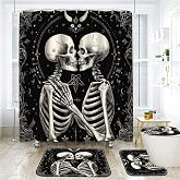 NEWSUYAA Halloween Shower Curtains for Bathroom Sets, 4pcs Gothic Skeleton Bath Decor with Black Shower Curtain and Rugs, Skull Couple Room Decorations, Tub Curtains Mats Toilet Cover