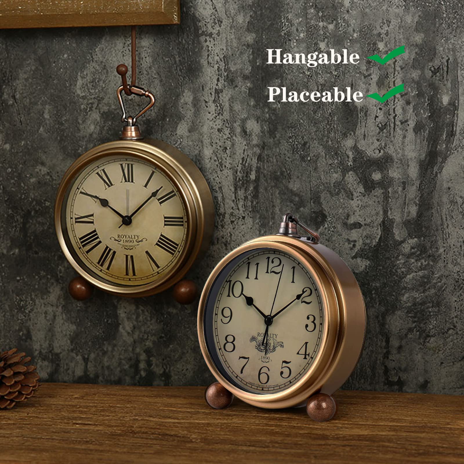 JUSTUP Golden Table Clock, Retro Vintage Non-Ticking Table Desk Alarm Clock Battery Operated Silent Quartz Movement HD Glass for Bedroom Living Room Indoor Decoration (Arabic)