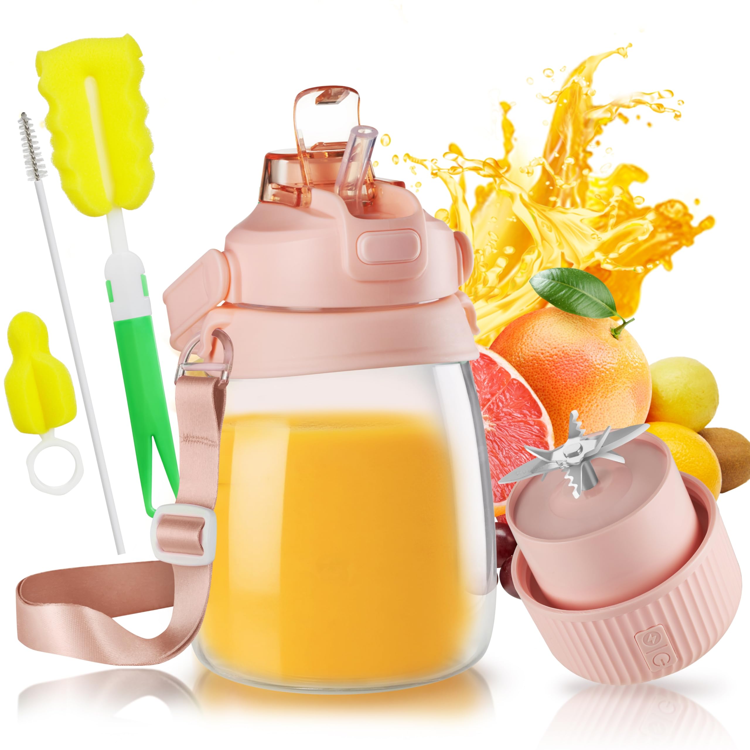 Photo 1 of 1100ml Portable Juicer with 10-Blade Turbo Juicing, USB-C Fast Charging, 12+ Cups per Charge, Juice Glass with Sip Lid & Carrying Strap for Travel & office & Gym. Not for Ice Crushing. (Prink)