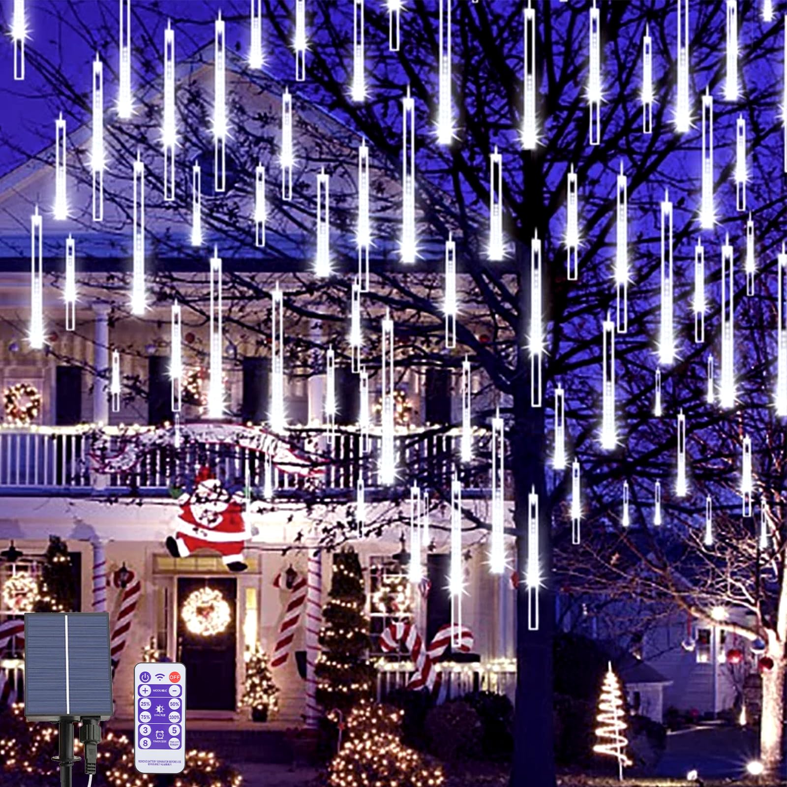OPAHUTER Solar Meteor String Lights With Remote, 240 LEDs Falling Rain, 30cm 10 Tubes Meteor Shower Waterproof Snowfall for Party Wedding Garden Christmas Tree