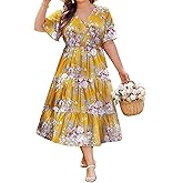 IN'VOLAND Summer Plus Size Dresses for Curvy Women V Neck Floral Short Sleeves Maxi Dress Casual Long Dresses with Pockets Yellow