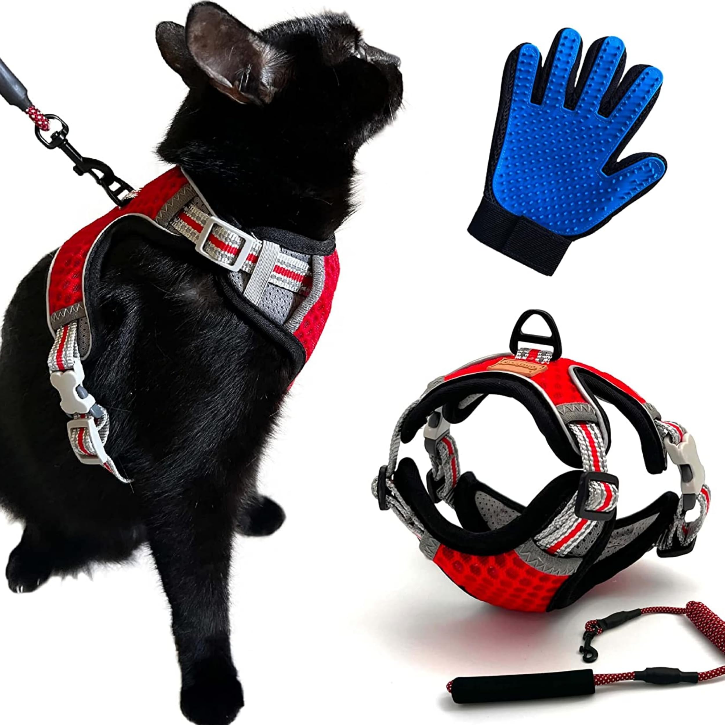CutePet - Anti-Escape Harness for Kitten, Adult Cat, Puppy, Small Dog, Rabbit with Cat Hair Glove | Adjustable Anti-Escape Harness with Lead | Breathable Mesh and Reflective Band (L, Red)