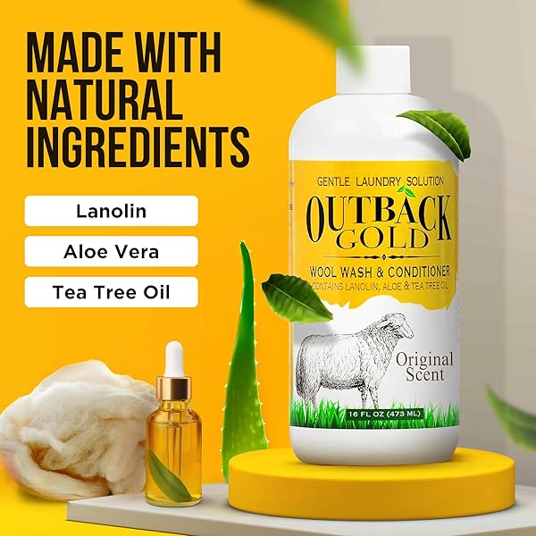 OUTBACK GOLD WOOL WASH, 16 OZ, ORIGINAL FLORAL SCENT, PLANT BASED, HE COMPATIBLE, LIQUID LAUNDRY DETERGENT, PERFECT SOAP FOR WOOL, CASHMERE, SILK, SHEEPSKIN, BABY ITEMS, MILD, NEUTRAL PH, MADE IN USA