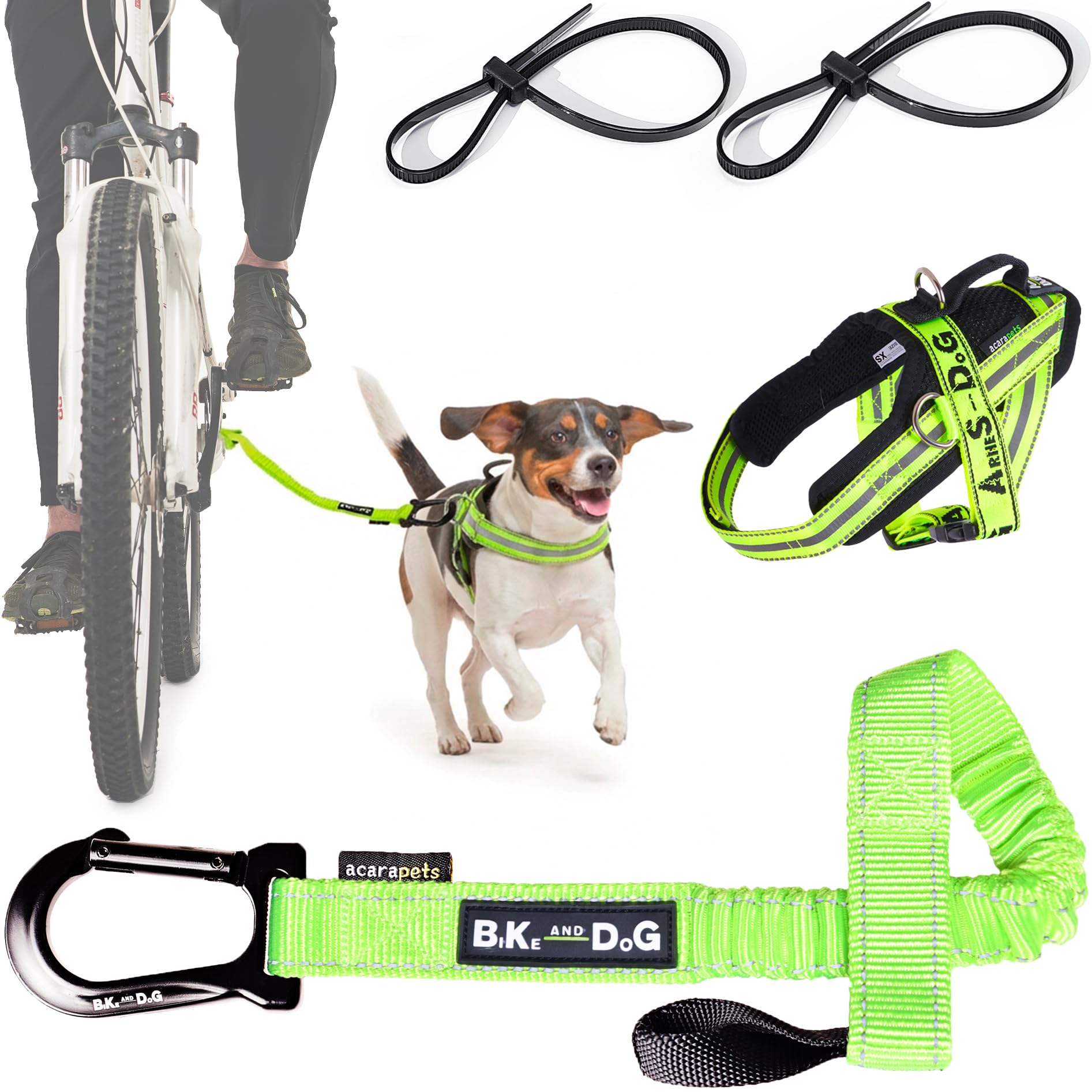 BIKE AND DOG - Dog leash and dog harness for bicycle, harness with side rings, includes 2 bicycle straps. Patented. (Yellow, Leash-harness XS)