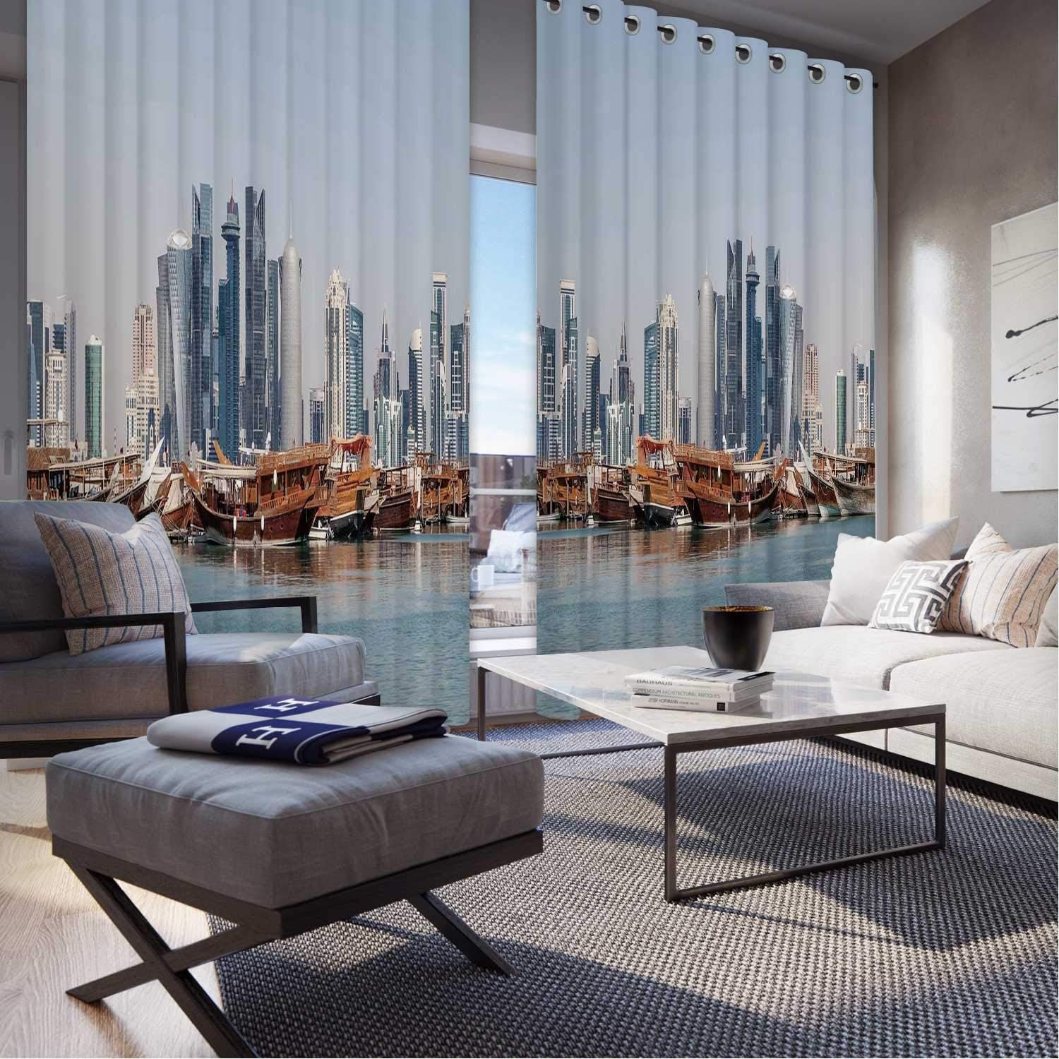 Modern,Girl Bedroom Decor,Qatar City at Dhow Middle Eastern Coast with Ships Skyscrapers View,Basement Curtains,W58in x H84in
