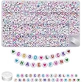 Amaney 1400pcs Colorful Letter Beads 4x7mm Alphabet A-Z Heart White Flat Round Acrylic Beads and Crystal Line for Jewelry Making Bracelets Necklaces Key Chains (Colorful Heart)
