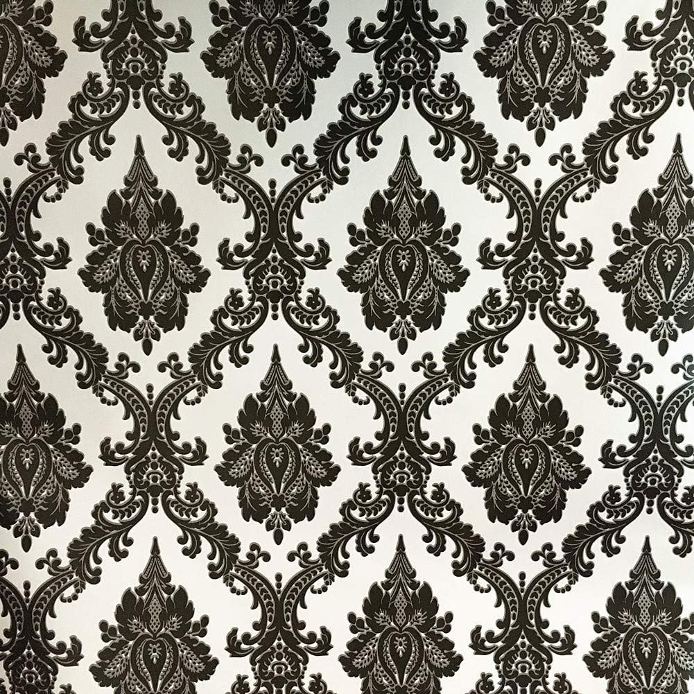 Self Adhesive Black Floral Damask Wallpaper Peel Stick Decorative Vinyl Film for Drawer Dresser Shelf Liner Sticker 17.7inch by 9.8ft - Image 3