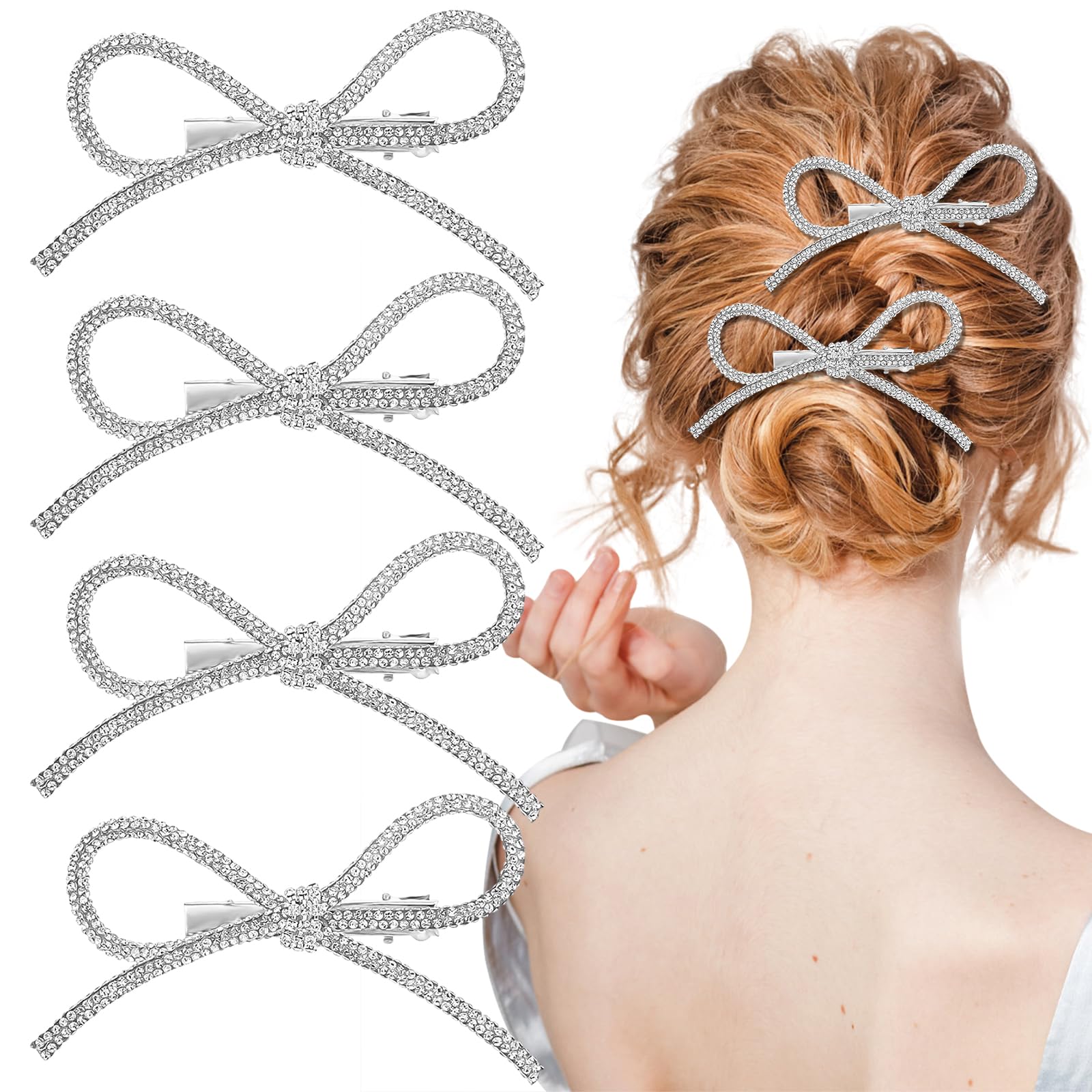 4 Pcs Silver Bow Rhinestone Crystal Hair Clips Bowknot Metal Hairpin Non-Slip Duckbill Hair Barrettes Accessories for Women Girls