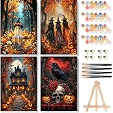bleihum 4 Pack Halloween Paint by Numbers Kit for Adults with Frame Easel | Pumpkin Paint by Number Kits on Canvas, Ghost Painting by Numbers for Adults Beginners Decor Gift 8x12 Inch