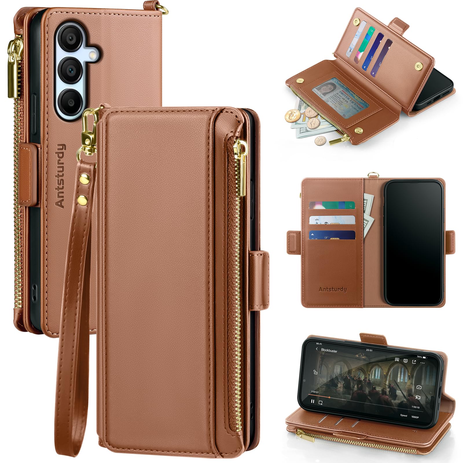 Antsturdy Compatible with Samsung Galaxy A16 5G Case Wallet with Card Holder Women Men Phone Case RFID Blocking PU Leather Flip Protective Cover Wrist Strap Zipper Credit Card Slots,Light Brown