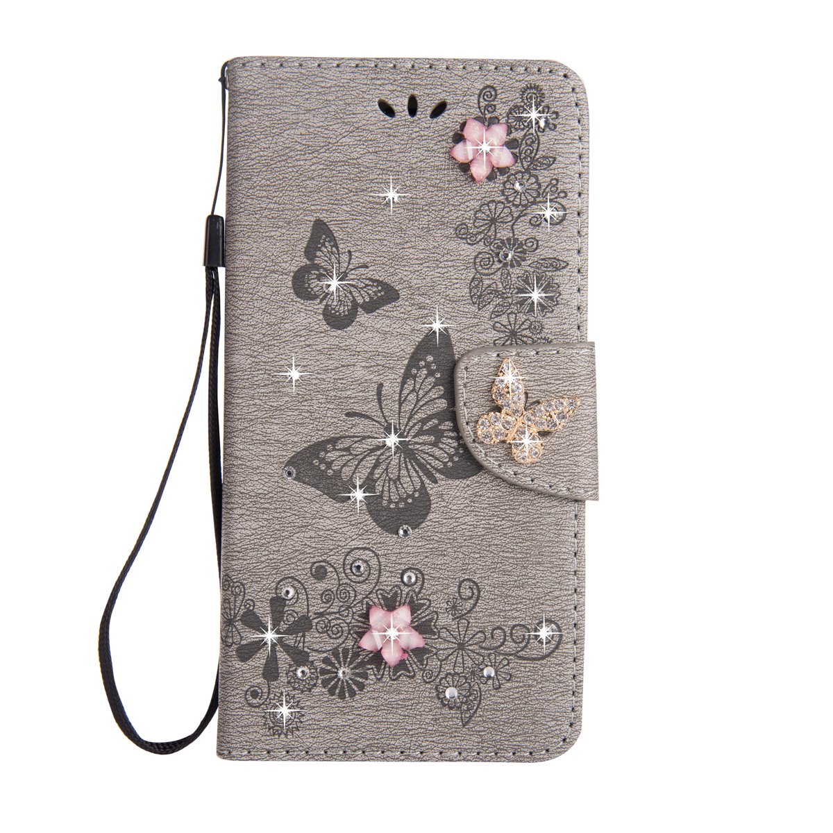 iPhone 6S Case [Free Tempered Glass Screen Protector],Mo-Beauty Bling Sparkly Diamonds Gems Butterfly Design Premium PU Leather Flip Wallet Case Cover for Apple iPhone 6/6S (Grey)