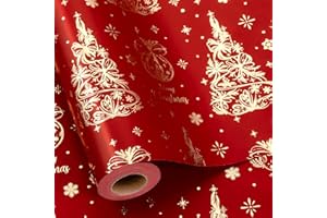 MAYPLUSS Red Christmas Wrapping Paper, Gold Christmas Trees Gift Wrap, Vintage Trees Bells Snowflakes Red Gold Wrapping Paper for Gift Packaging, Festive Decoration (Mini Roll, 17 Inch X 33 Feet)