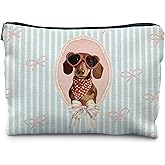 OHDCE Dachshund Makeup Bag Cosmetic Bag, Coquette Pink Bow Makeup Bag, Blue Striped Preppy Makeup Travel Toiletry Bag,Dachshund Mom Gifts for Women Weiner Dog Decor Weiner Gifts