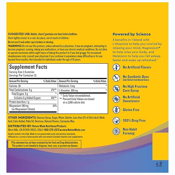 NATURE MADE WELLBLENDS SLEEP AND RECOVER, SLEEP AID WITH MELATONIN 3MG TO SUPPORT RESTFUL SLEEP, PLUS L THEANINE 200MG AND MAGNESIUM CITRATE, 44 GUMMIES