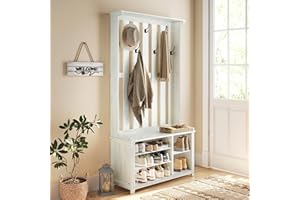 VASAGLE Hall Tree with Bench and Shoe Storage, Coat Rack with Shoe Bench, 7 Double Hooks for Jackets, Hats, Entryway, Bedroom, Living Room, 13.8 x 31.9 x 70.9 Inches, Rustic White UHSR414W01