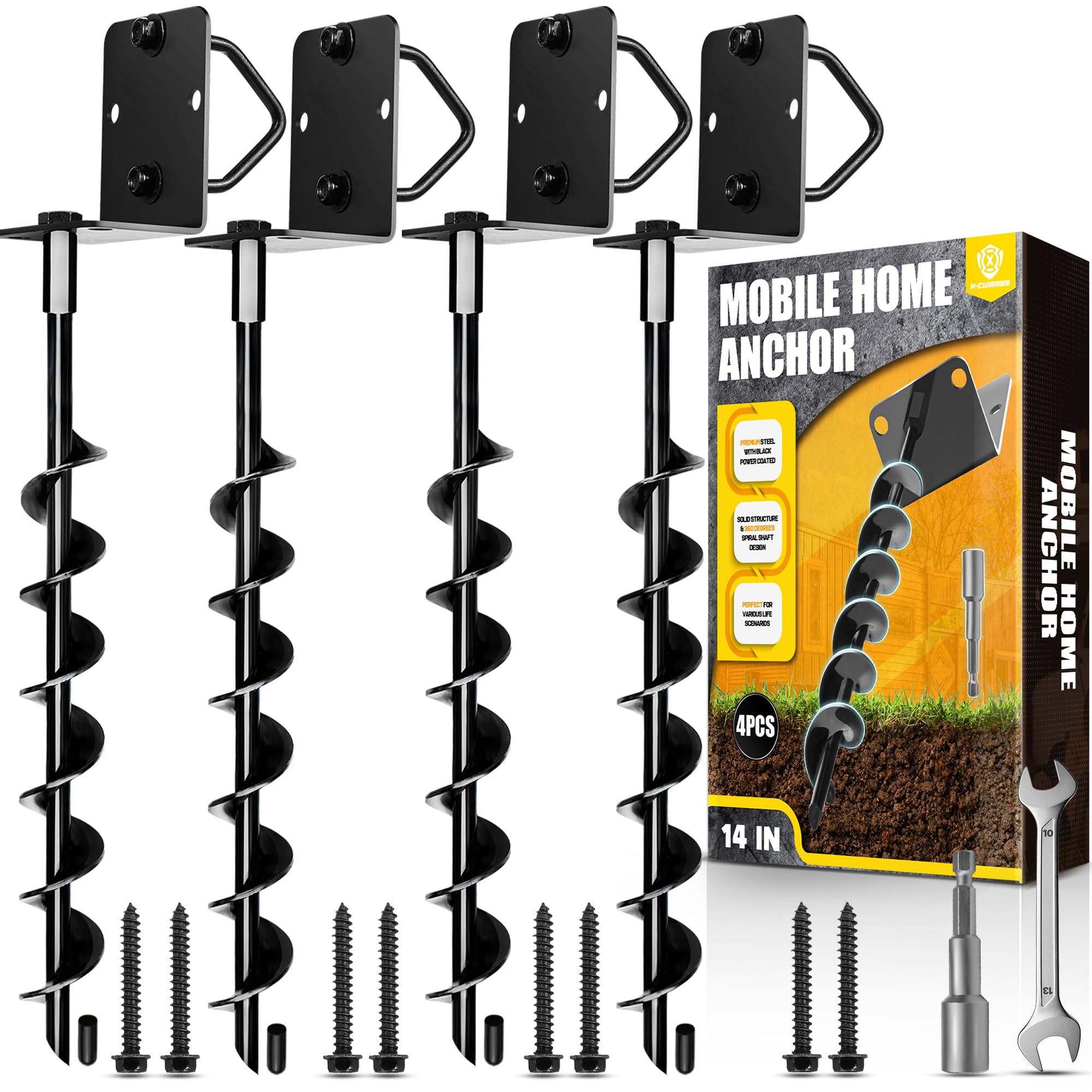 Photo 1 of [UPGRADED] 14” Full Spiral Blade Mobile Home Anchor, 4 Pack Ground Anchor Screw in with L-shaped Brackets, U-bolts, Power Nut Driver, Earth Anchors High Wind Heavy Duty for Camping Tents, Swing Sets