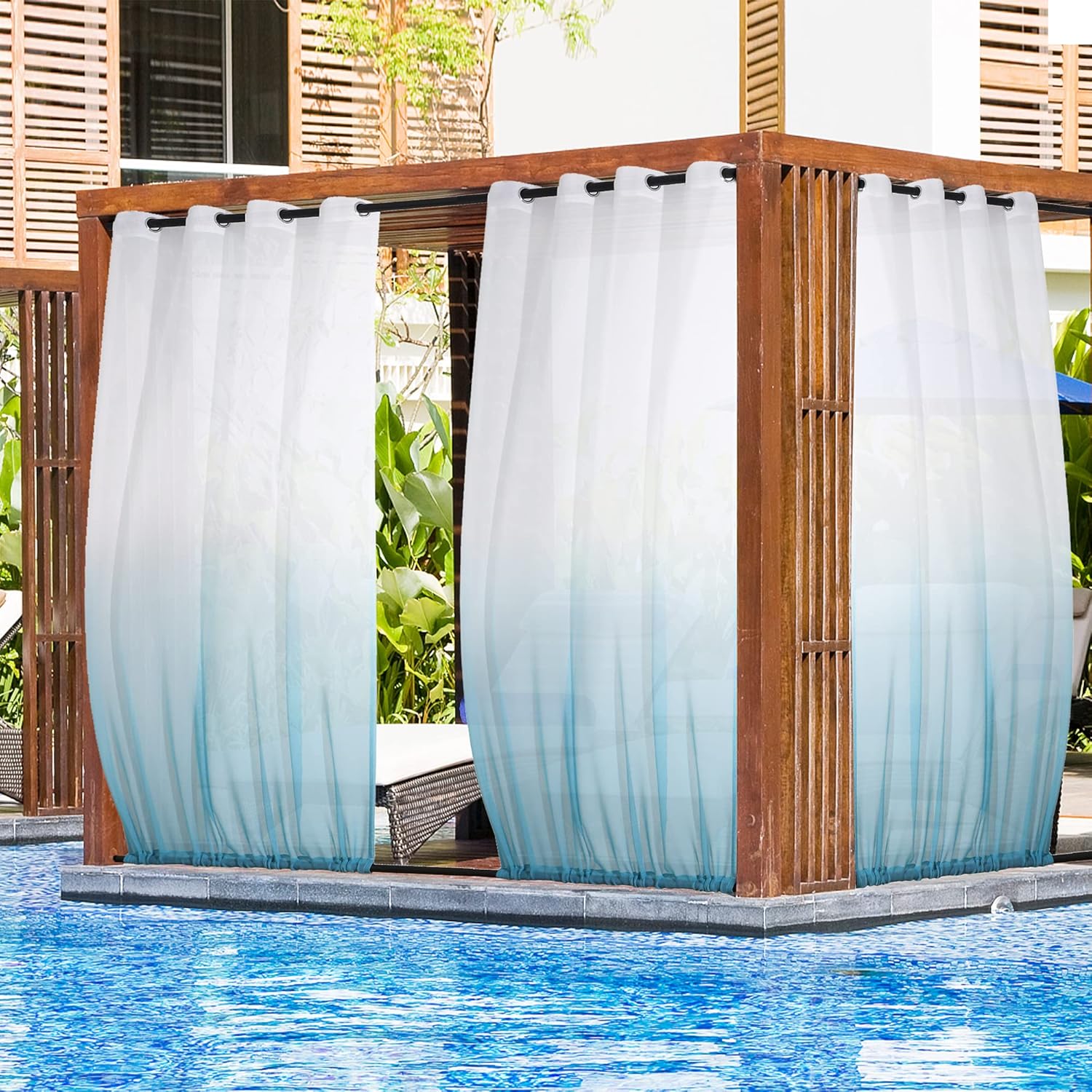 Outdoor Curtains - Anjee Sheer Outdoor Curtains Ombre Teal for Patio Waterproof Grommet Top Rod Pocket Bottom Semi Sheer Privacy Drapes with 2 Tiebacks for Gazebo, Porch, Sliding Door, 2 Panels 54 Wide x84 Length