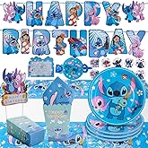 Stitch kids Birthday Party Supplies decoration Set – 125PCS, for16 Guests:1Tablecloth,16 Plates,16Napkins, Banner, Stickers, Cake Topper,16 Invitations card with envolopes,16 Blowouts &16Popcorn Boxes