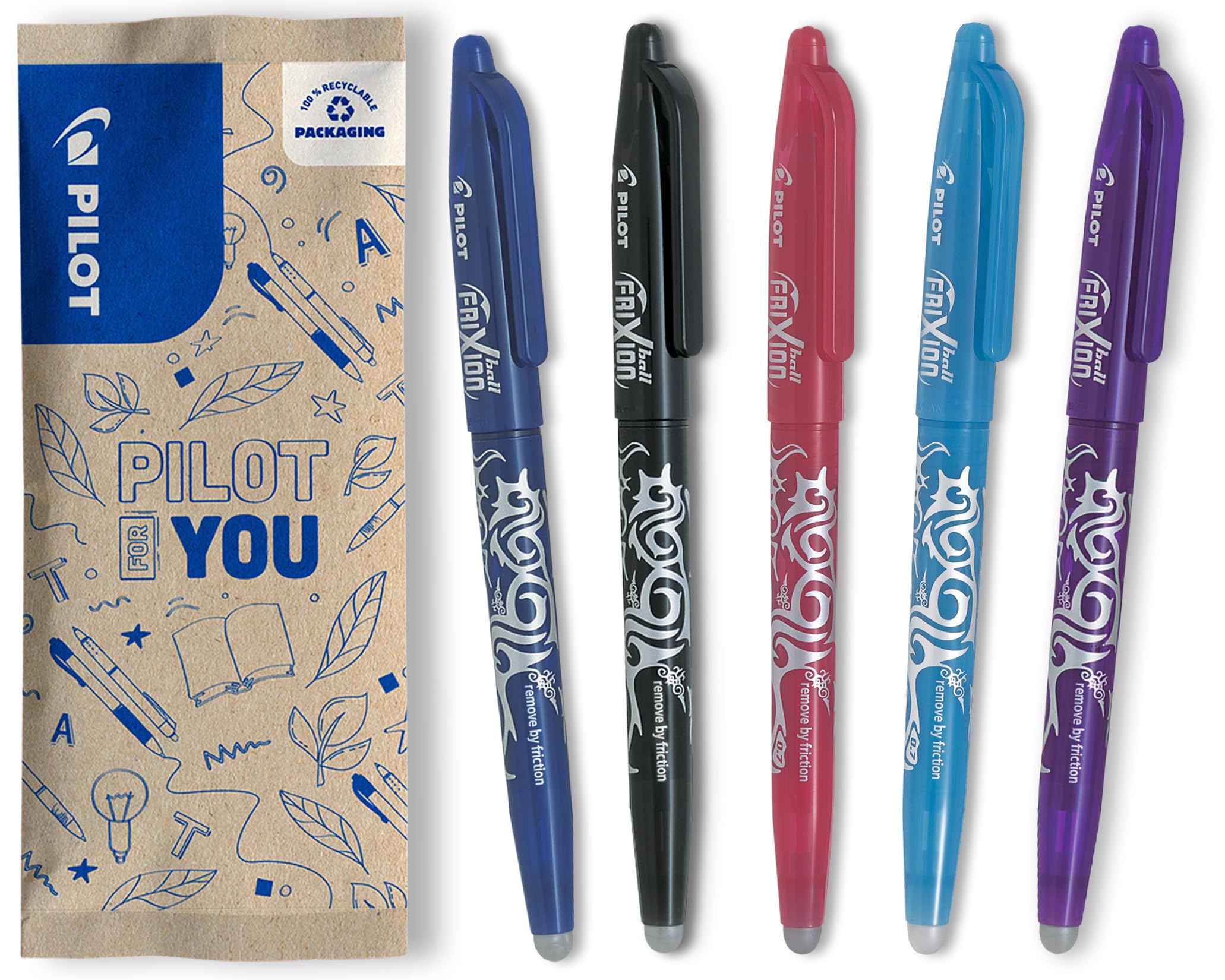 PILOT Frixion Ball Erasable Rollerball Pen Set of 5 (Blue, Black, Pink, Light Blue, Purple)