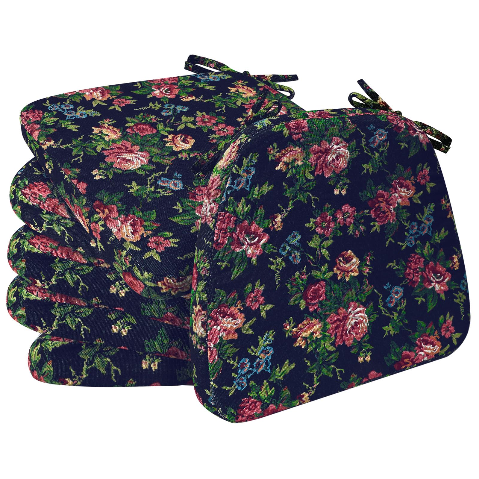 Photo 1 of AAAAAcessories D-Shaped Chair Cushions, 2" Thick Dining Chair Pads with Ties and Removable, Machine-Washable Cover, 17" x 16", Set of 6, Night-Blooming Blossoms