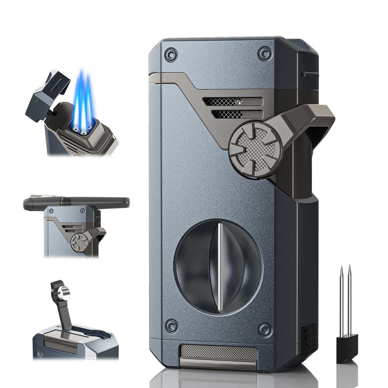 Photo 1 of 5-in-1 Torch Lighter with Holder, Nubber, Cutter, Punch, Adjustable Windproof 4 Jet Flame, Refillable Butane Lighter, Multi-Functional Lighter Accessories, Men's Elegant Gifts, Travel Outdoors