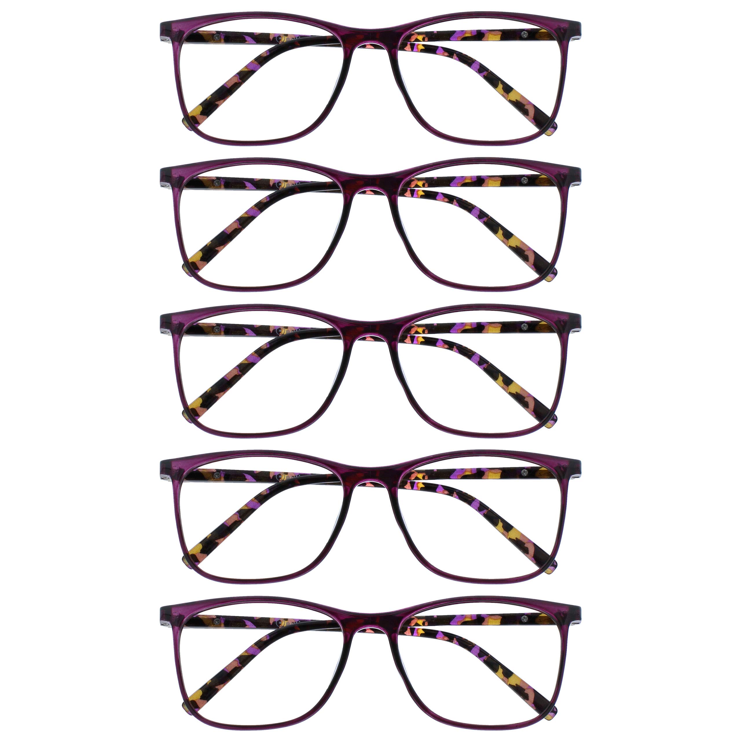OPULIZE Arc Reading Glasses 5 Pack Stylish Slim Square Frame Spring Hinges Scratch Resistant Purple Patterned Arms Mens Womens RRRRR66-5 +3.50
