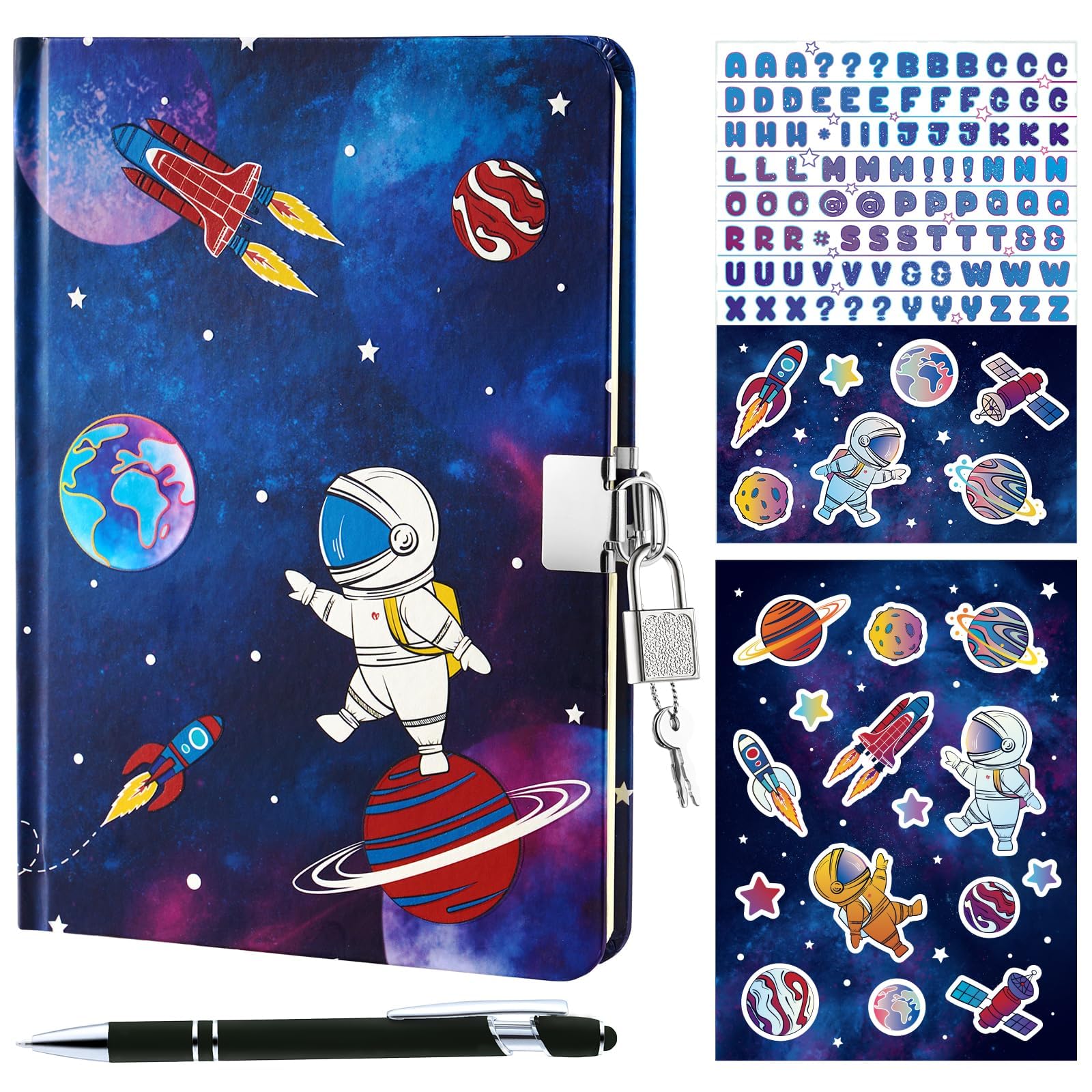 WERNNSAI Space Diary Set With Lock and Key, Luminous Journal Gift for Boys Kids School Travel Private Diary Hardcover A5 Lined Memos Writing Drawing Notepad Ballpoint Pen Stickers