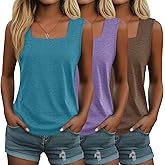 Huukeay 3 Pack Summer Women's Tank Tops Cotton Sleeveless Shirt Loose Fit Square Neck Tank Top with Side Slits(Sea Blue, Taro Purple, Mocha,X-Large)