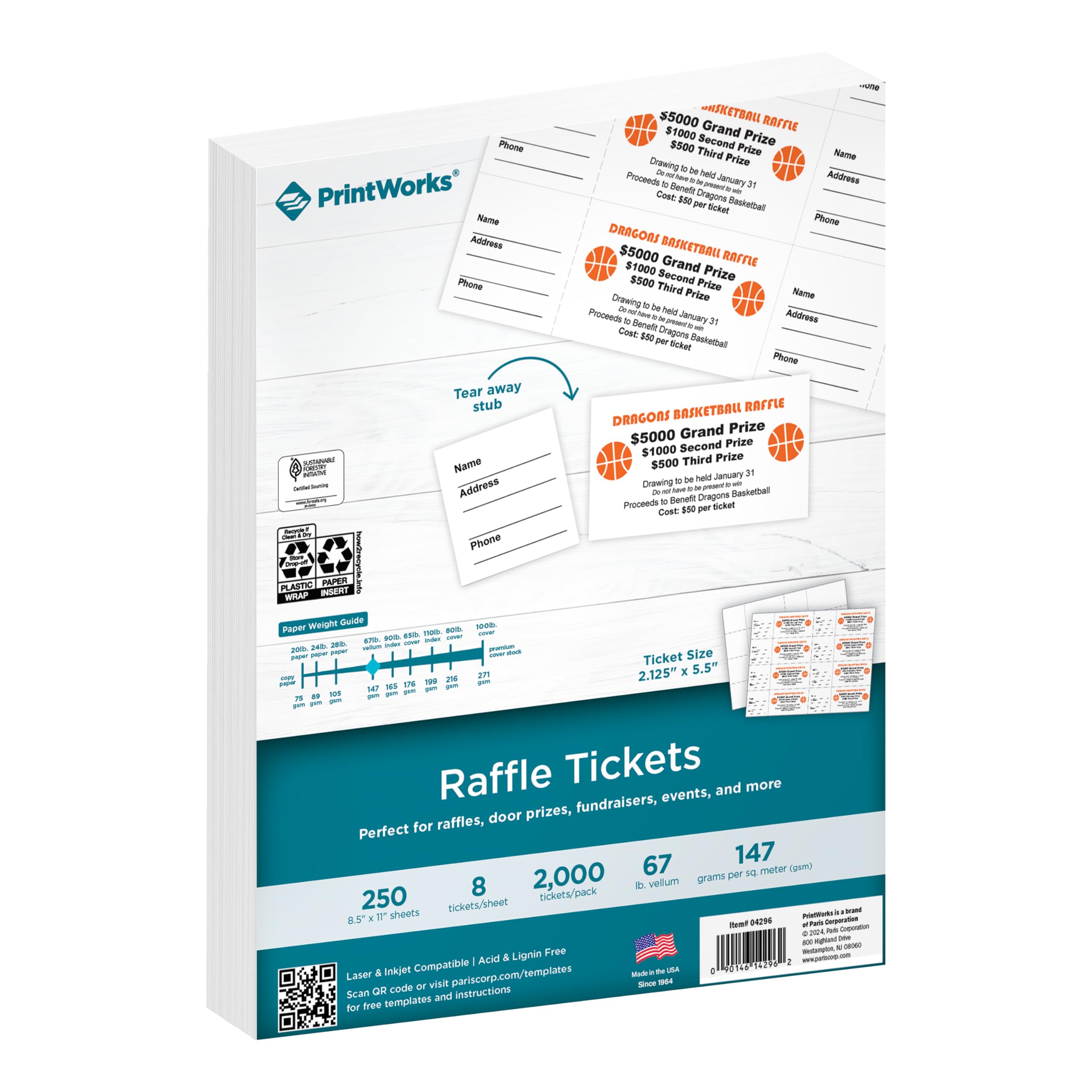 PrintWorks Heavyweight Perforated Cardstock for Raffle Tickets, Coupons, and More, Tear-Away Stubs, 8.5 x 11, 67 lb, 8 Tickets Per Sheet, 250 Sheets, 2000 Tickets Total, White (04296) (2.125 x 5.5)