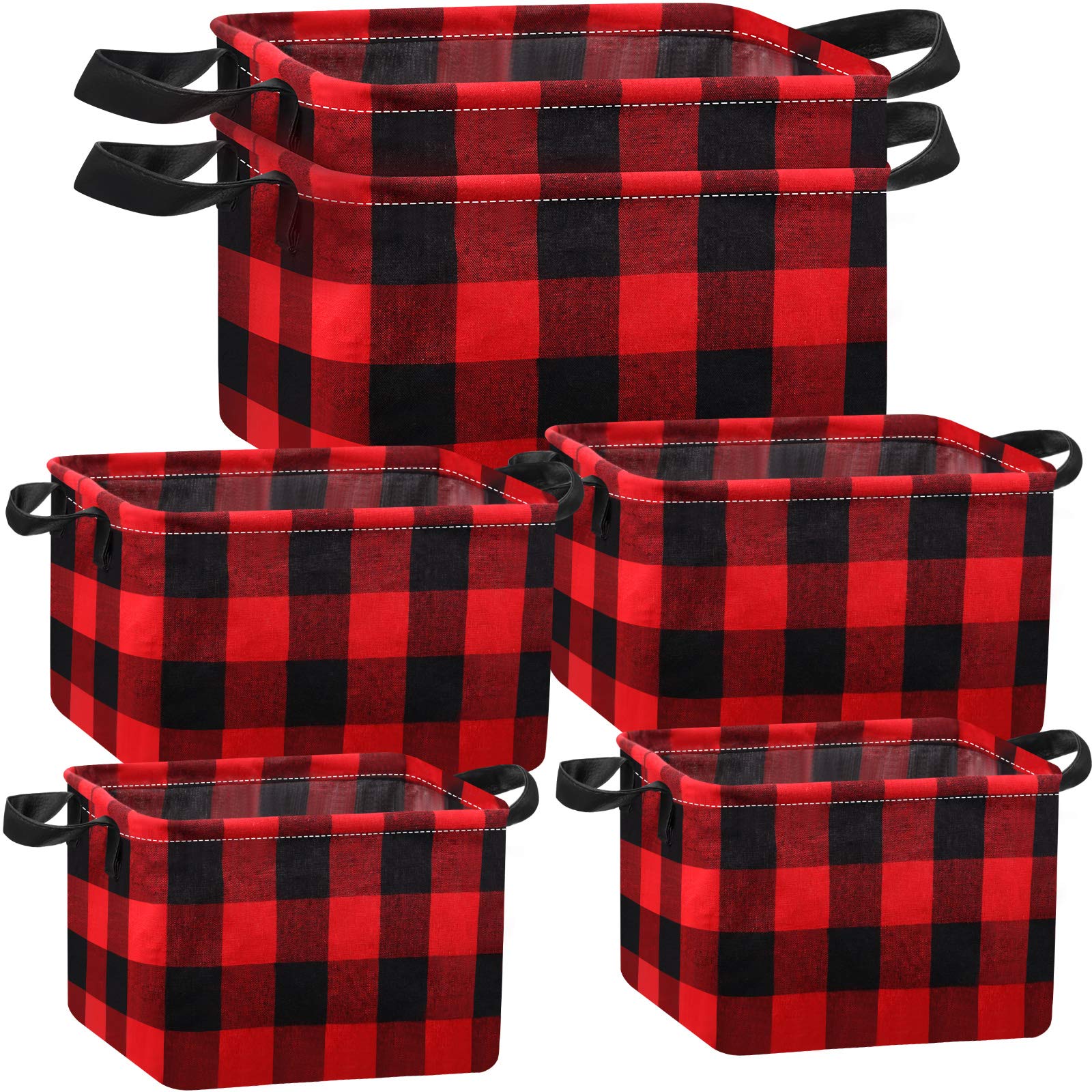 6 Pieces Square Storage Basket Buffalo Check Storage Bin Plaid Storage Organizer with Handles Collapsible Square Organizer for Christmas Home Office (Black and Red)