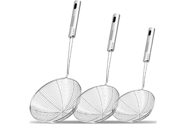 Anaeat Stainless Steel Spider Strainer Skimmer, Set of 3 Professional Kitchen Pasta Strainer Spoon with Long Handle - Asian S