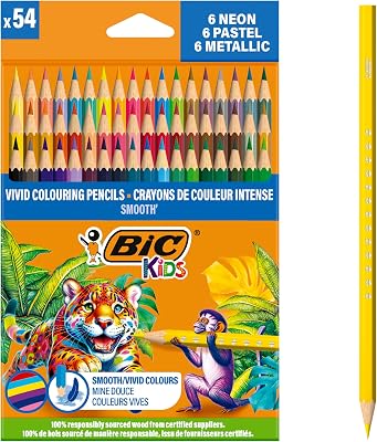 Lápis de cor lisos para crianças feitos com madeira 100% responsável - cores padrão, metálicas, pastéis e néon variadas, pacote de 54