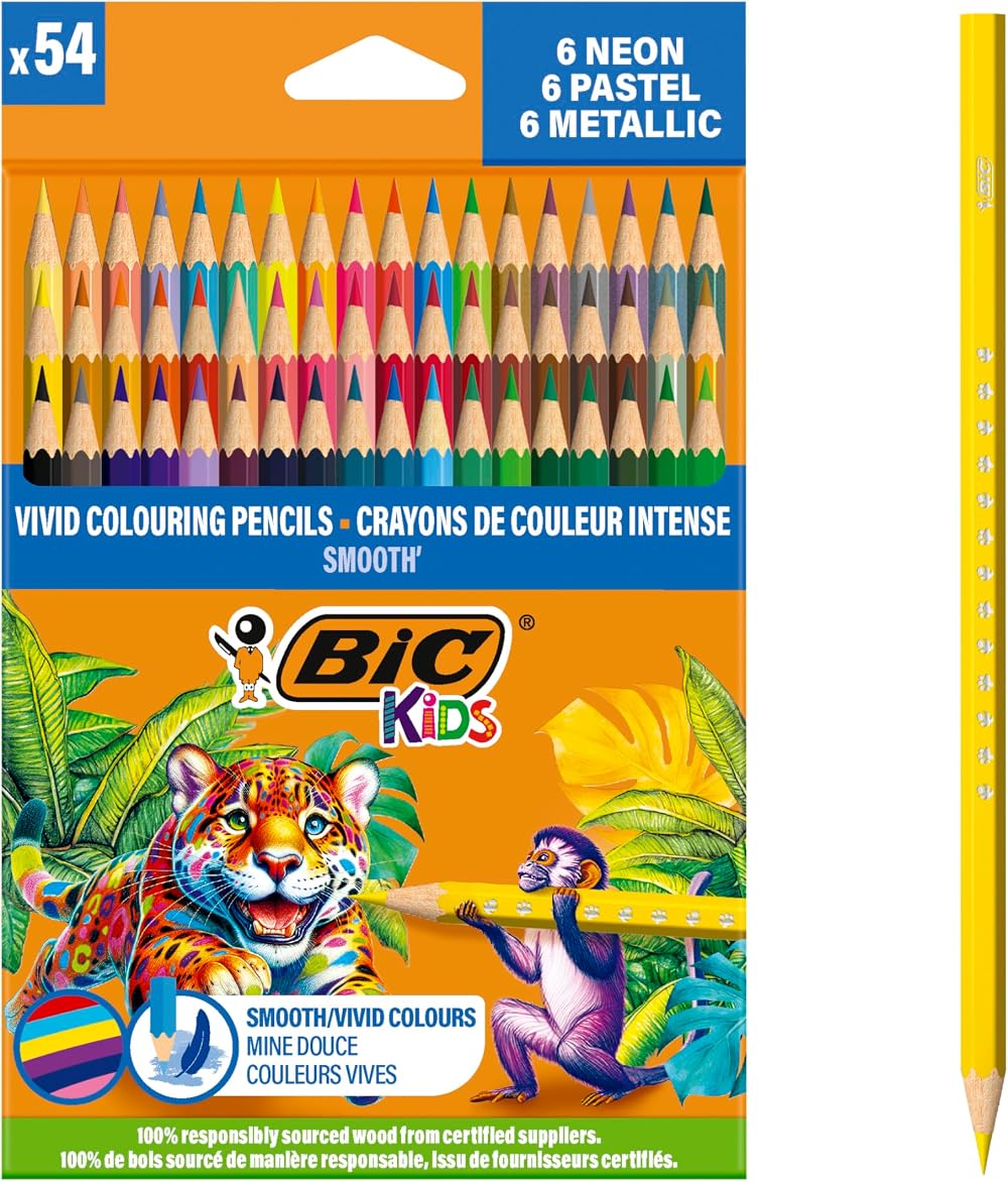 BIC Kids Smooth Colouring Pencils 54 Pack Assorted Colours 100% Wood
