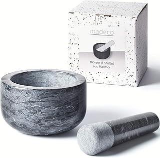 Madeco - Edler Marmor Mörser mit Stößel - Perfekt geeignet für Gewürze, Kräuter & Nüsse - Steinmörser Set mit praktischem Antirutsch-Pad (14 x 8,5 cm)