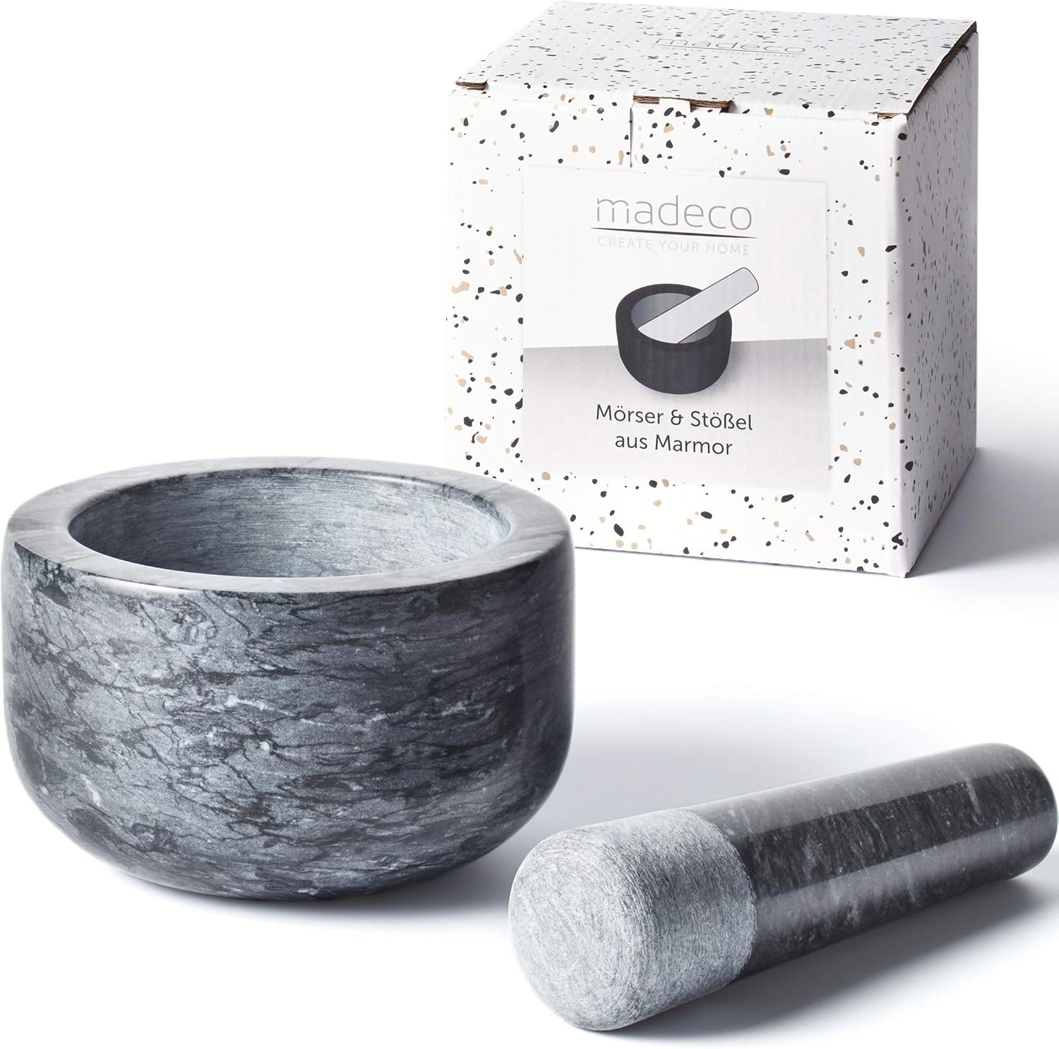 Madeco - Edler Marmor Mörser mit Stößel - Perfekt geeignet für Gewürze, Kräuter & Nüsse - Steinmörser Set mit praktischem Antirutsch-Pad (14 x 8,5 cm)
