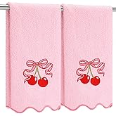Hillsuren 2 Pcs Cherry Bow Scalloped Hand Towels 26 x 13 Embroidery Coquette Cherry Bow Bathroom Decor 100% Cotton Soft Absorbent Boho Scalloped Hand Towels for Kitchen Bathroom