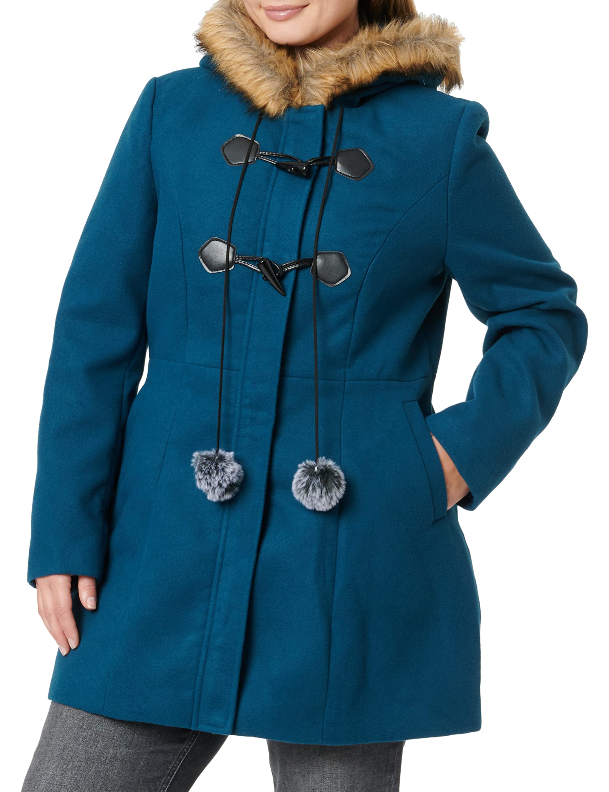 Yumi Women's Teal Duffle Coat with Fur Trim Pom, 14