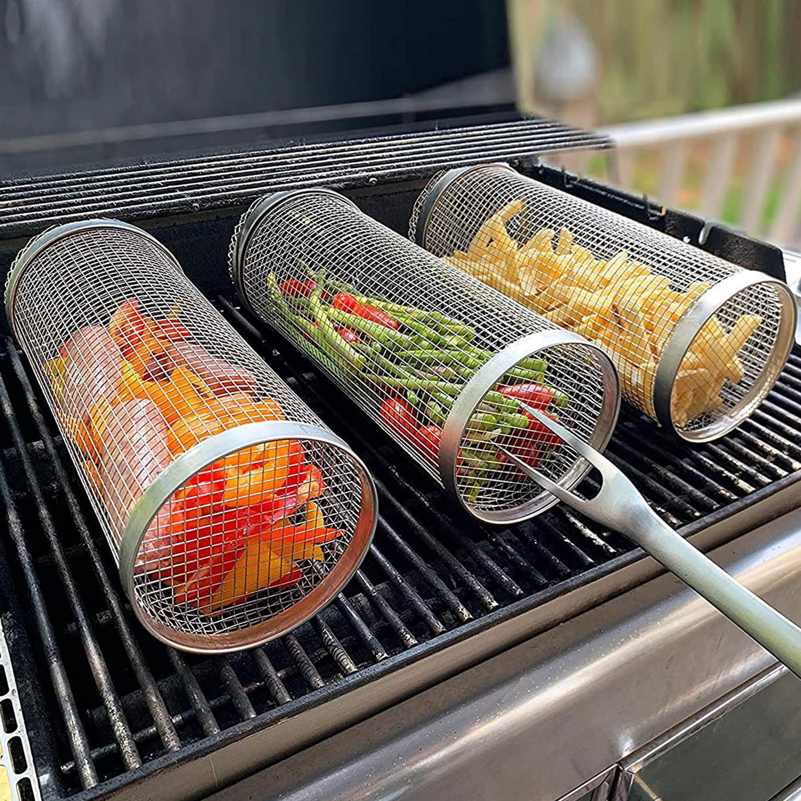 Lvpradior 3pcs Rolling BBQ Basket, Stainless Grill Mesh Basket, BBQ Accessories For Outdoor Grilling(with Hooks & Forks) for Outdoor Camping and Picnic Cookware BBQ Cage