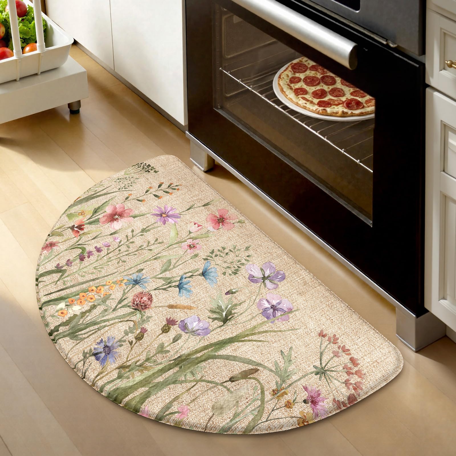 Photo 1 of KIMODE Kitchen Mat Cushioned Anti Fatigue, Half Moon Floral Kitchen Rug, Comfort Padded Kitchen Floor Mat Non Slip, Ergonomic Standing Desk Mat for Sink Laundry Office Brown 18"x28"