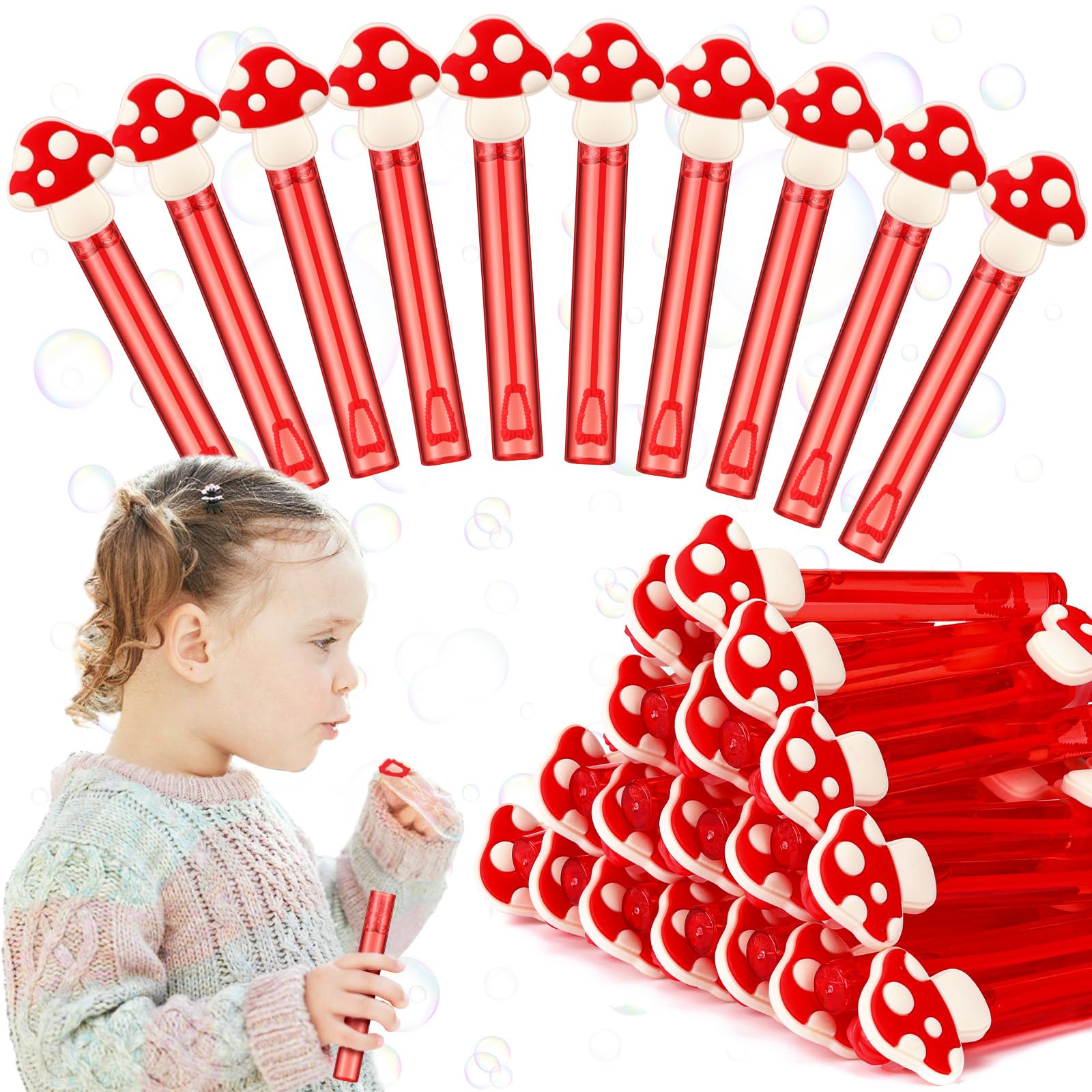 Photo 1 of Shappy 48 Pcs Mushroom Bubble Wands Bulk Mini Bubbles Party Favors Stick for Activity Use Birthday Gift Baby Shower Supplies