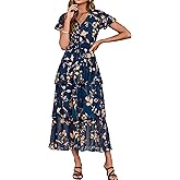 Simplee Women Floral Summer Maxi Dress Boho Flowy Ruffle Tiered Short Sleeves V Neck Long Wedding Guest Dresses