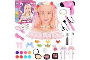 Ylpaprm 41PCS Pretend Play Hair Styling Doll Head Makeup Kit for Girl, Hair Makeup Salon Doll Toy Kid, with Hairdryer Curling Iron Eye Shadow Powder Hair Clip Set Birthday for 8+ Girl Kids