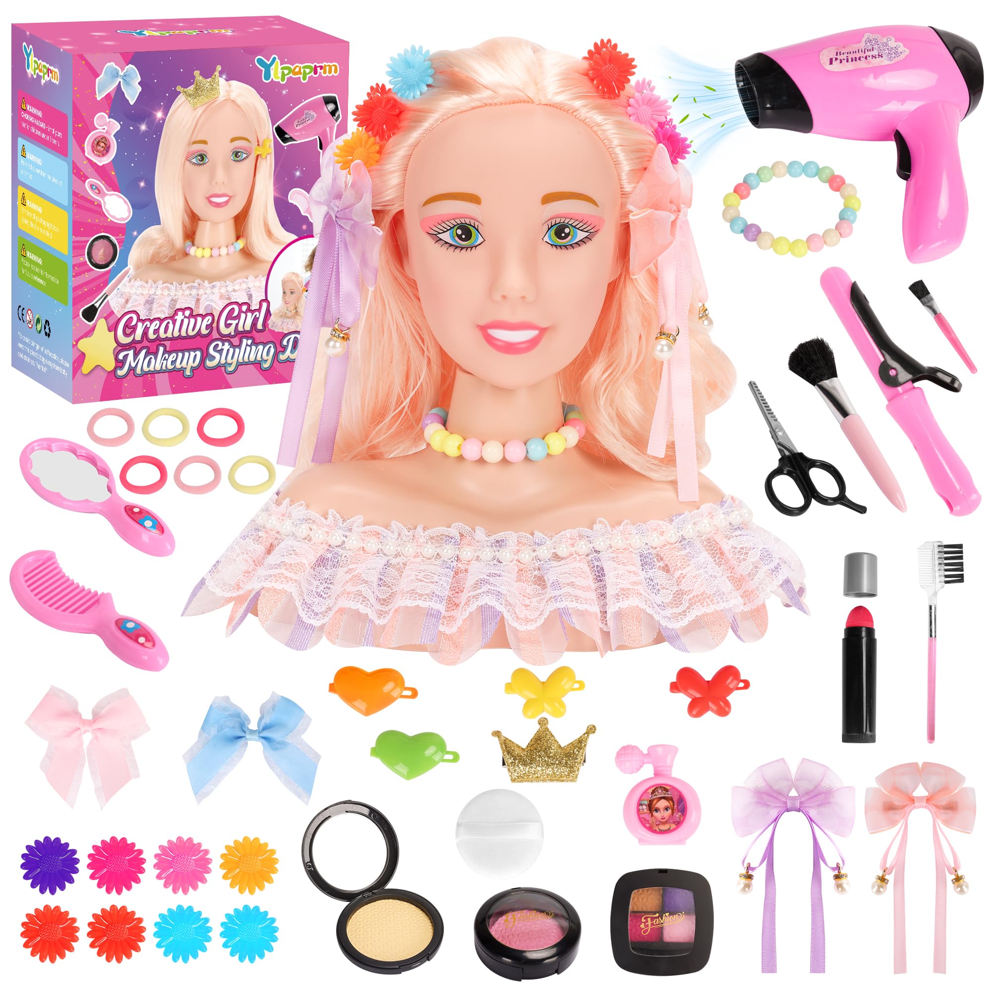 Photo 1 of ***USED***Ylpaprm 41PCS Pretend Play Hair Styling Doll Head Makeup Kit for Girl, Hair Makeup Salon Doll Toy Kid, with Hairdryer Curling Iron Eye Shadow Powder Hair Clip Set Birthday for 8+ Girl Kids