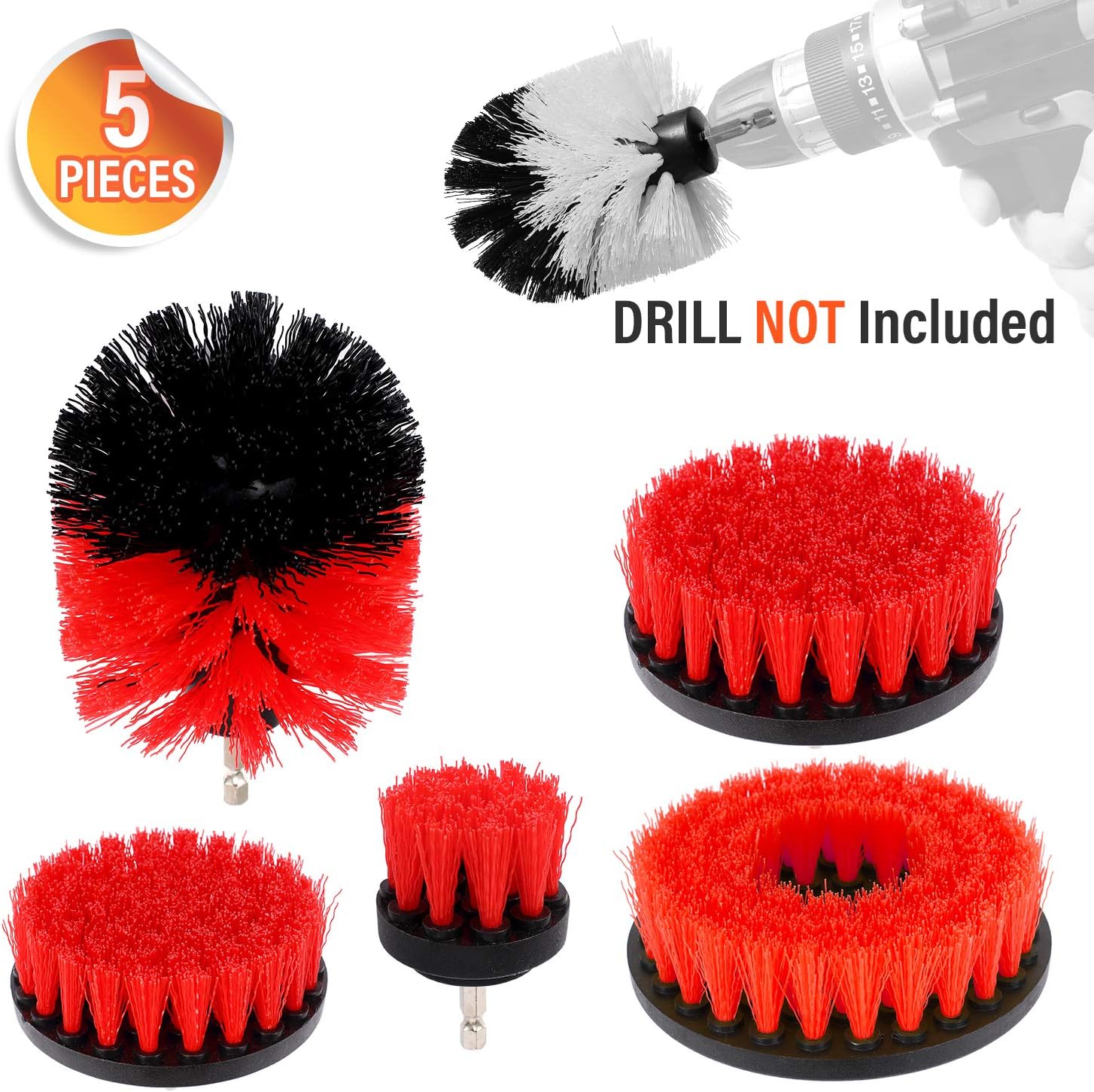 Drill Brushes Attachment kit ,All Purpose Drill Brushes for Cleaning Pool Tile,Flooring ,Bathroom, Grout, Tub, Shower, Kitchen，Corners, Sinks-5pcs,Red
