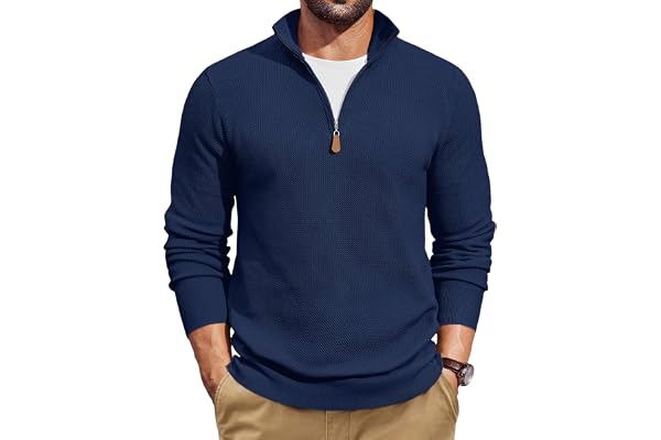 COOFANDY Men’s Quarter Zip Pullover Long Sleeve Textured Knit Sweater | Quarter Zip, Mock Neck, Regular Fit, Knit Texture, Bu