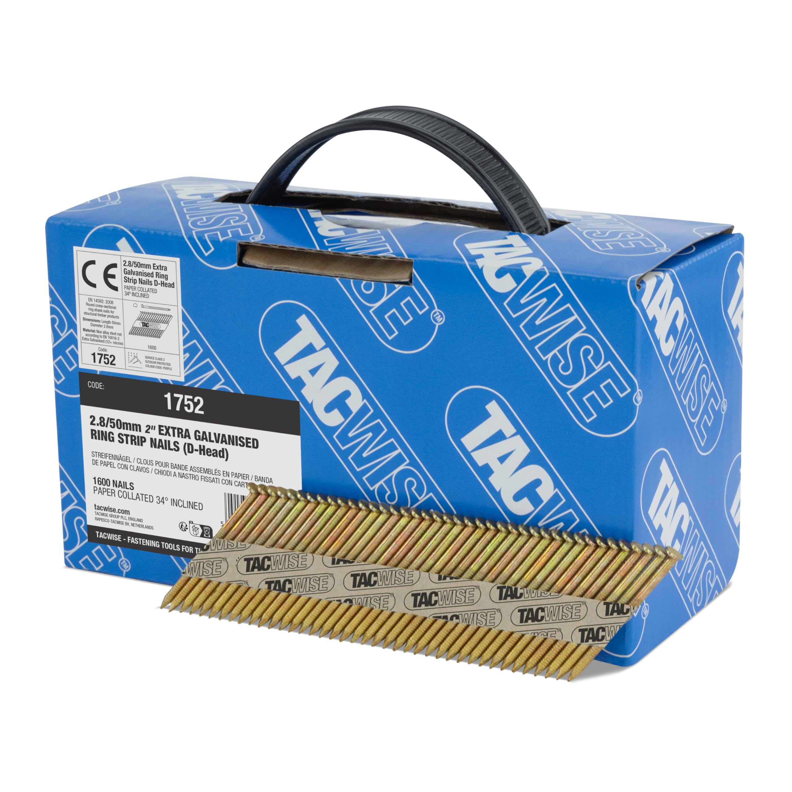 Tacwise 1752 Extra Galvanised Framing Nails 2.8 / 50 mm, D Head, Ring Shank, 34° Inclined, Paper Collated, Pack of 1600